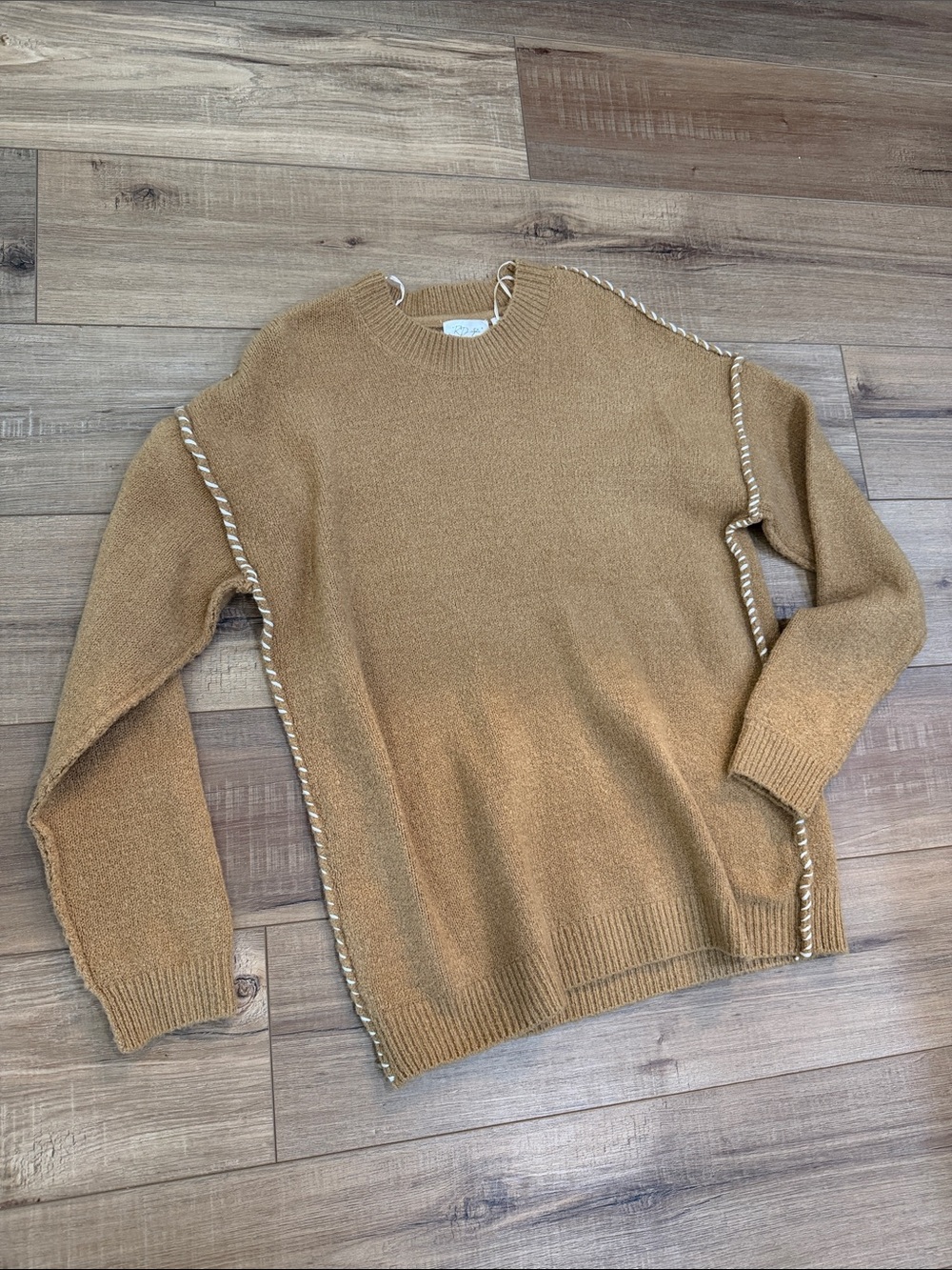 RD Style Camel Crewneck Sweater with Cream Whipstitch Trim